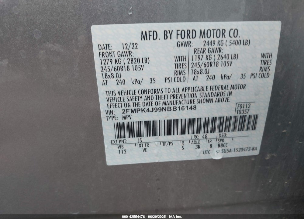 2022 FORD EDGE VIN: 2FMPK4J99NBB16148