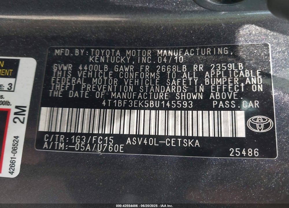 2011 TOYOTA CAMRY VIN: 4T1BF3EK5BU145593