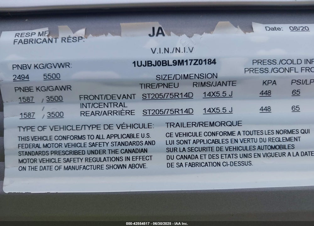 2021 JAYCO JAY FLIGHT SLX SERIE VIN: 1UJBJ0BL9M17Z0184