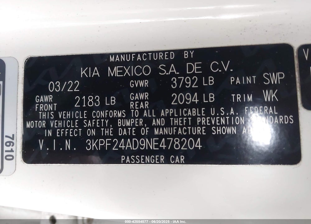2022 KIA FORTE VIN: 3KPF24AD9NE478204
