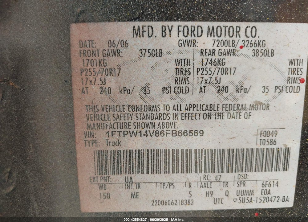 2006 FORD F150 VIN: 1FTPW14V86FB66569