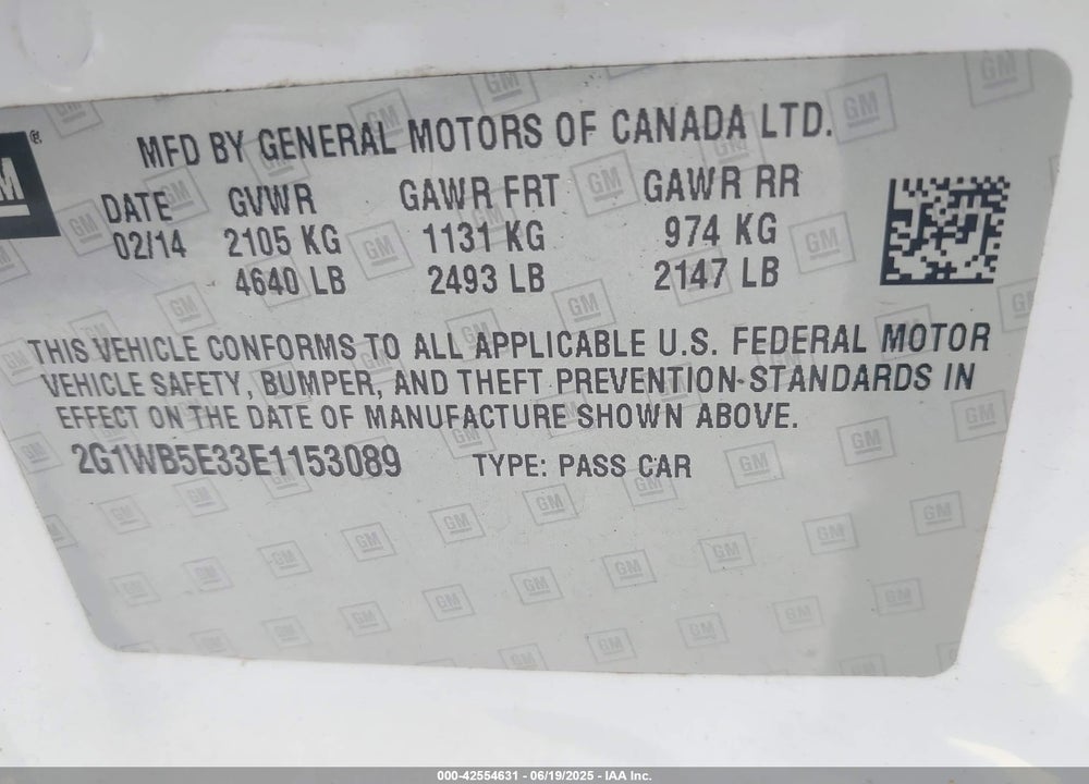 2014 CHEVROLET IMPALA LIMITED VIN: 2G1WB5E33E1153089