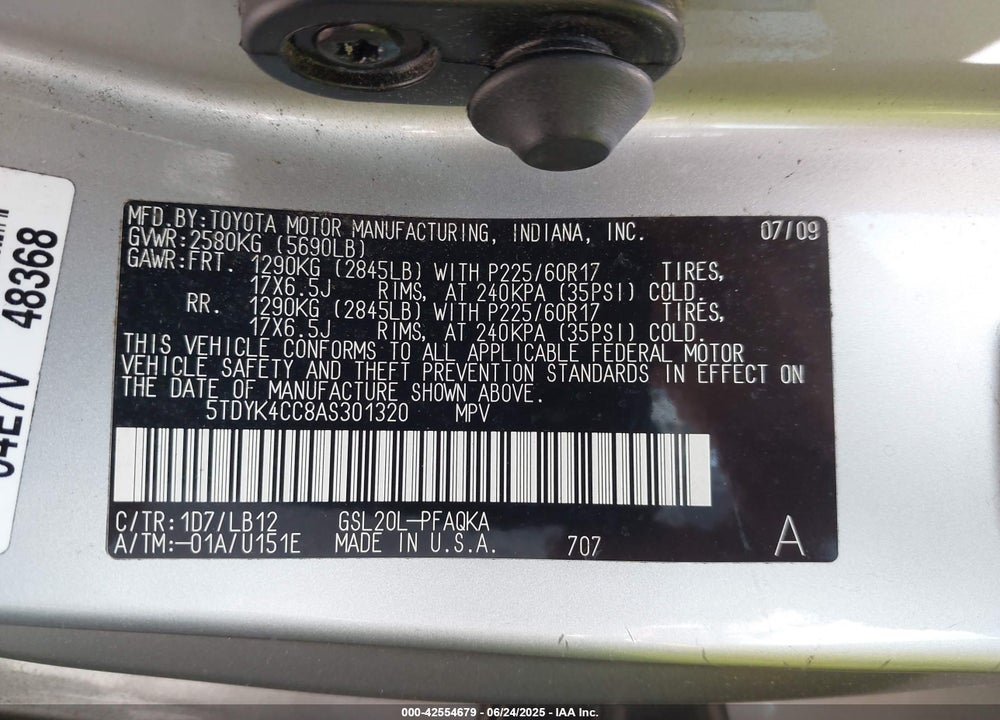 2010 TOYOTA SIENNA XLE VIN: 5TDYK4CC8AS301320