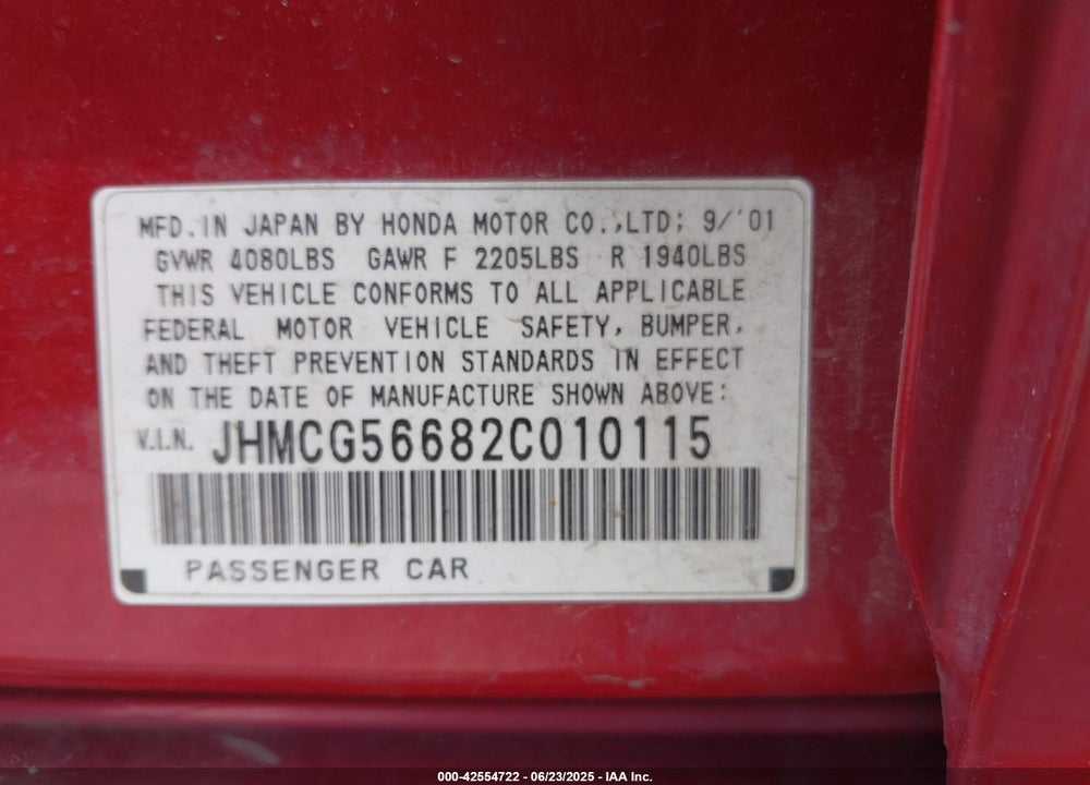 2002 HONDA ACCORD 2.3 EX VIN: JHMCG56682C010115