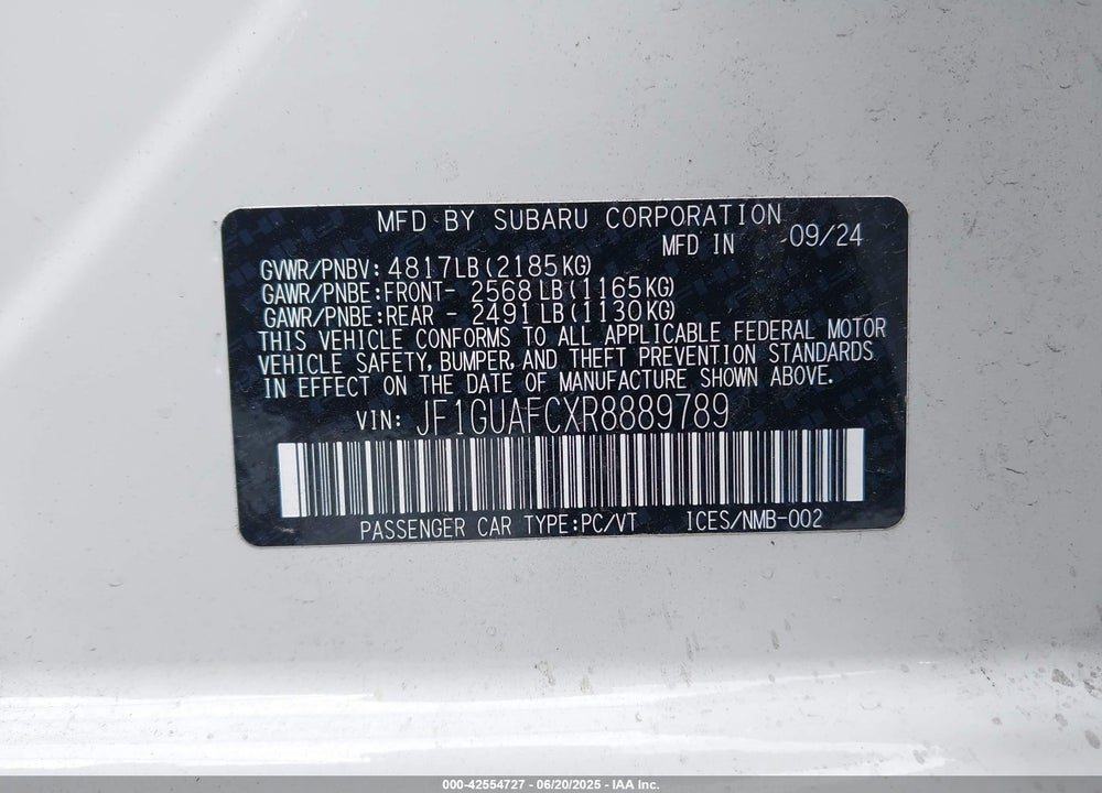 2024 SUBARU IMPREZA VIN: JF1GUAFCXR8889789