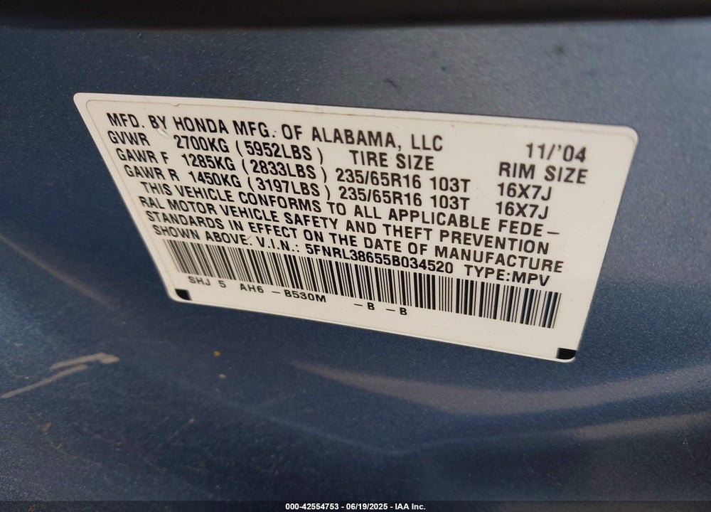 2005 HONDA ODYSSEY EX-L VIN: 5FNRL38655B034520