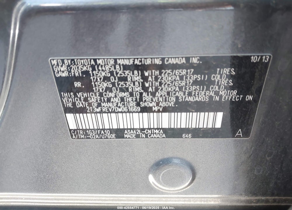 2013 TOYOTA RAV4 VIN: 2T3WFREV7DW061669