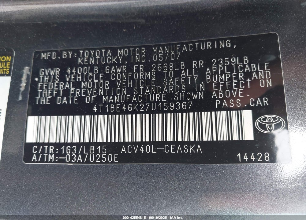 2007 TOYOTA CAMRY VIN: 4T1BE46K27U159367