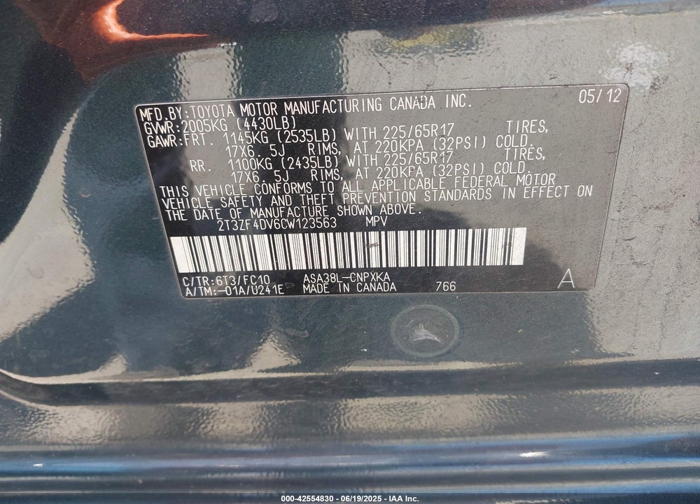 2012 TOYOTA RAV4 VIN: 2T3ZF4DV6CW123563