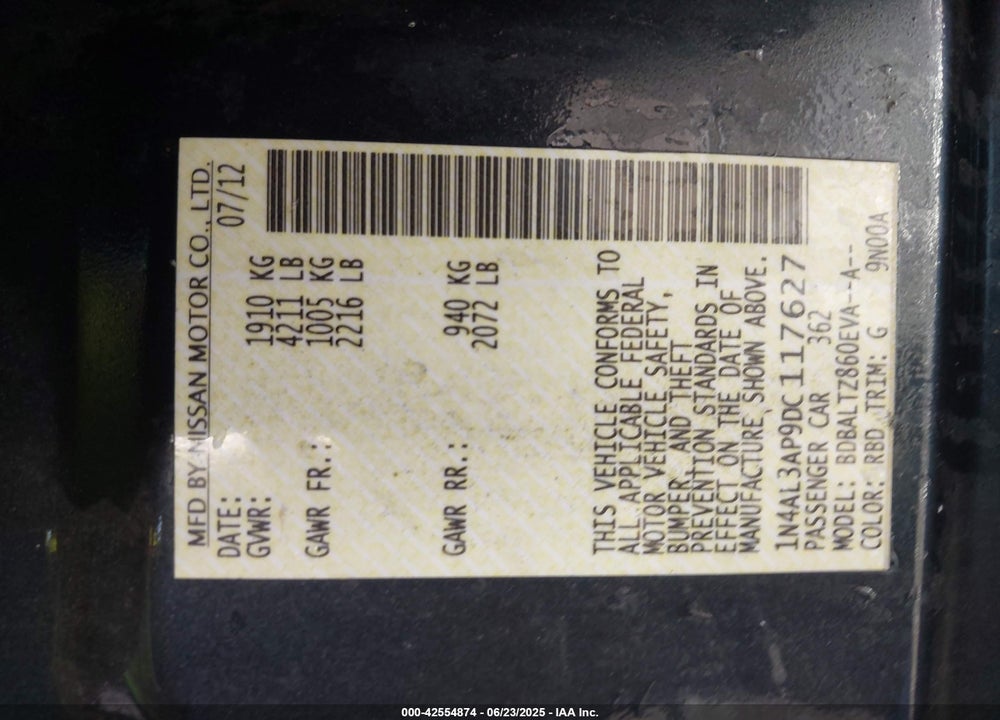 2013 NISSAN ALTIMA VIN: 1N4AL3AP9DC117627