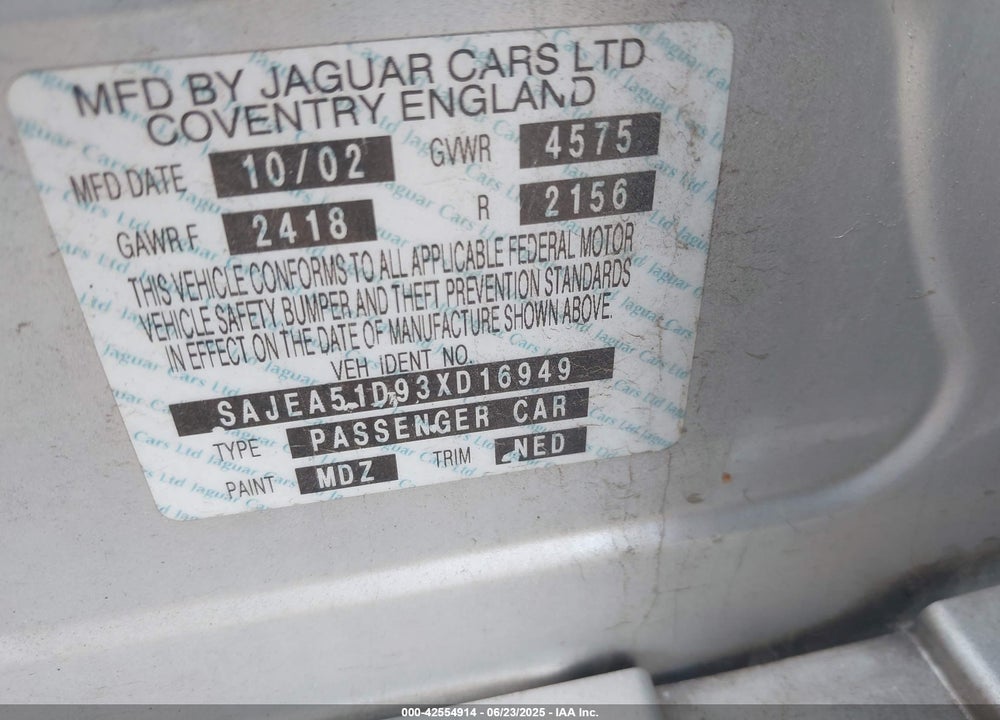 2003 JAGUAR X-TYPE 2.5 VIN: SAJEA51D93XD16949
