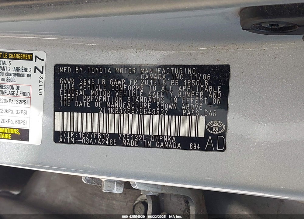 2007 TOYOTA MATRIX/XR VIN: 2T1KR32E97C649837