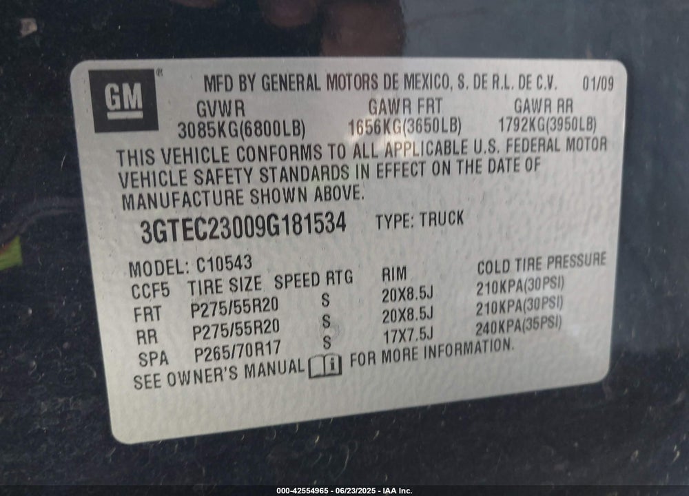 2009 GMC SIERRA 1500 SLE VIN: 3GTEC23009G181534