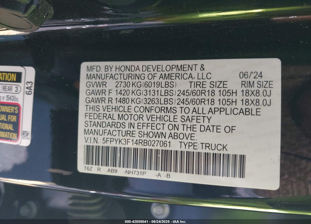 2024 HONDA RIDGELINE SPORT VIN: 5FPYK3F14RB027061