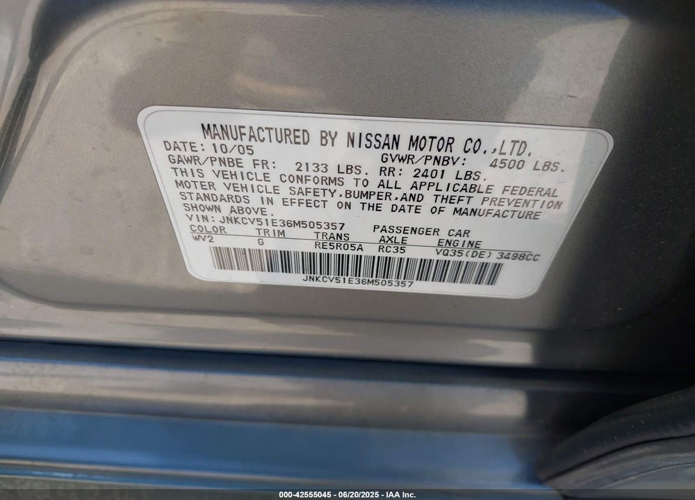 2006 INFINITI G35 VIN: JNKCV51E36M505357