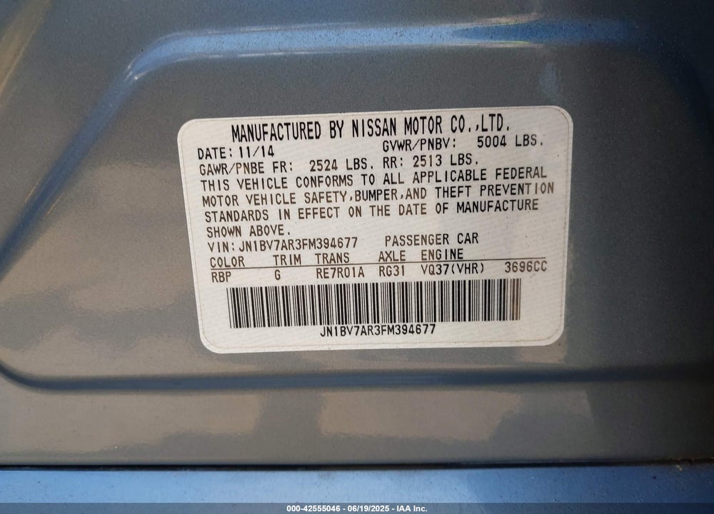 2015 INFINITI Q50 PREMIUM VIN: JN1BV7AR3FM394677