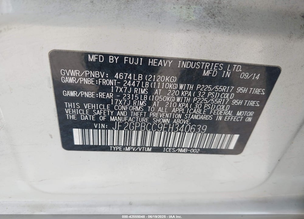 2014 SUBARU XV CROSSTREK HYBRID 2.0I VIN: JF2GPBCC9EH340639