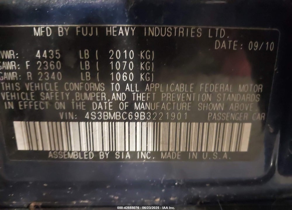 2011 SUBARU LEGACY VIN: 4S3BMBC69B3221901