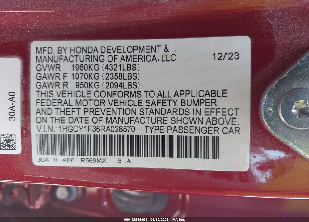 2024 HONDA ACCORD EX VIN: 1HGCY1F36RA028570