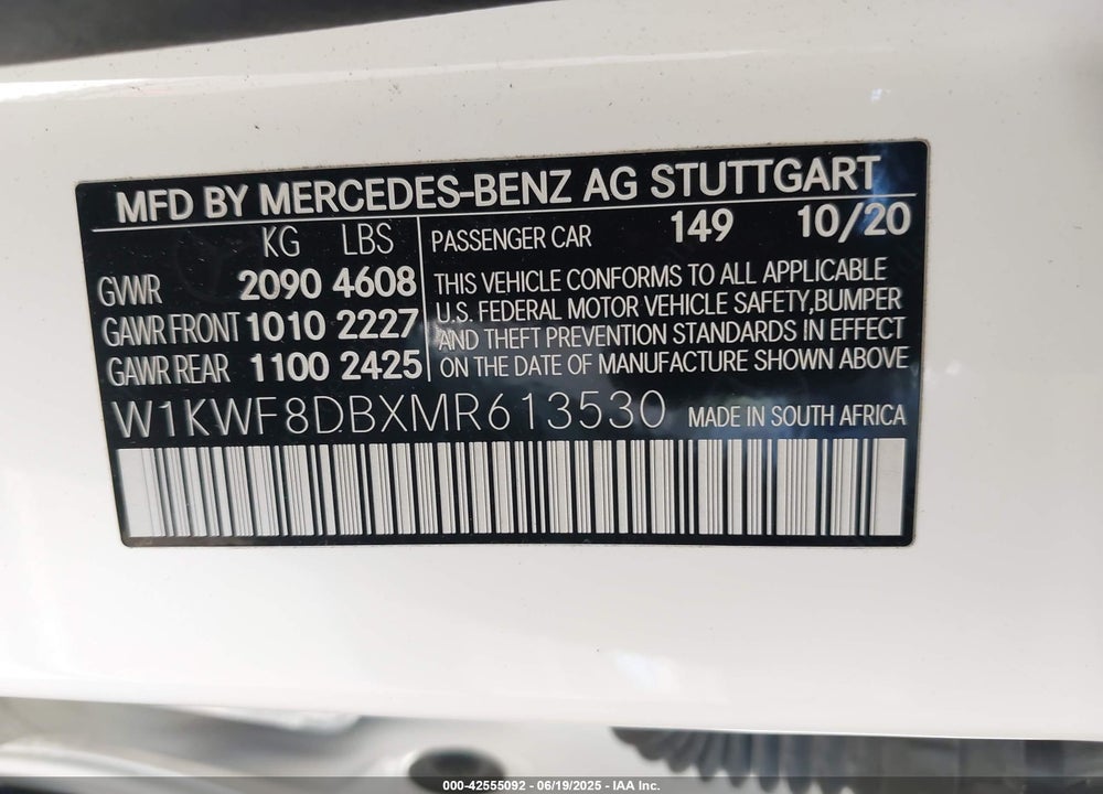 2021 MERCEDES-BENZ C CLASS VIN: W1KWF8DBXMR613530