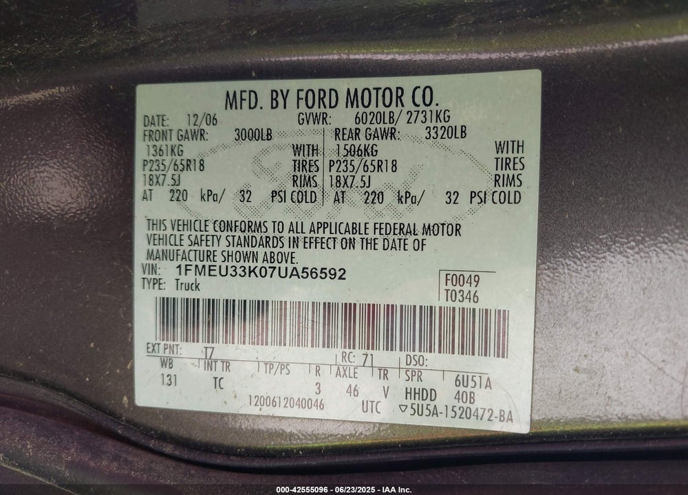 2007 FORD EXPLORER SPORT TRAC VIN: 1FMEU33K07UA56592