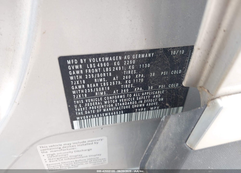 2014 VOLKSWAGEN TIGUAN VIN: WVGBV3AX3EW546525