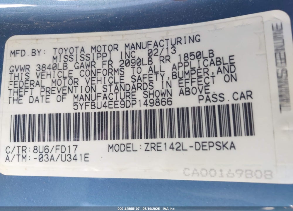 2013 TOYOTA COROLLA VIN: 5YFBU4EE9DP149866