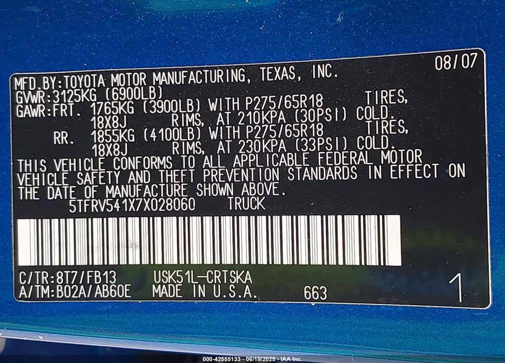 2007 TOYOTA TUNDRA SR5 V8 VIN: 5TFRV541X7X028060