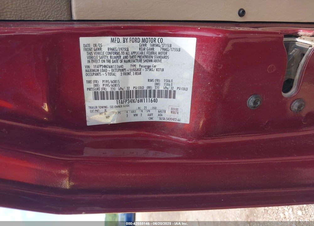 2006 FORD FOCUS VIN: 1FAFP34N76W111640
