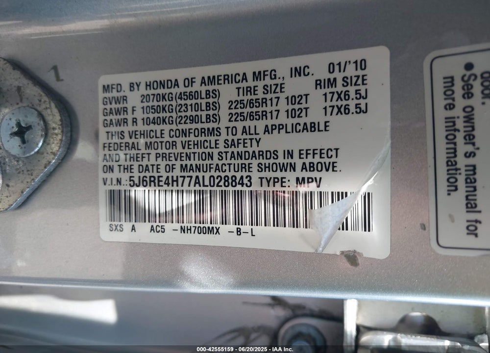 2010 HONDA CR-V EX-L VIN: 5J6RE4H77AL028843