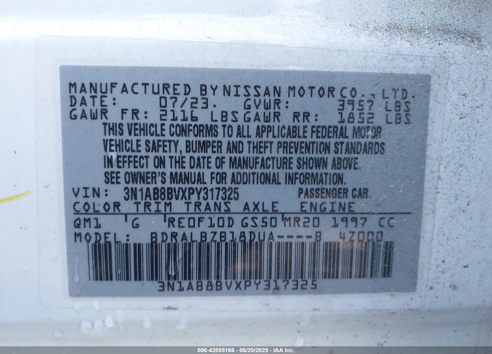 2023 NISSAN SENTRA VIN: 3N1AB8BVXPY317325