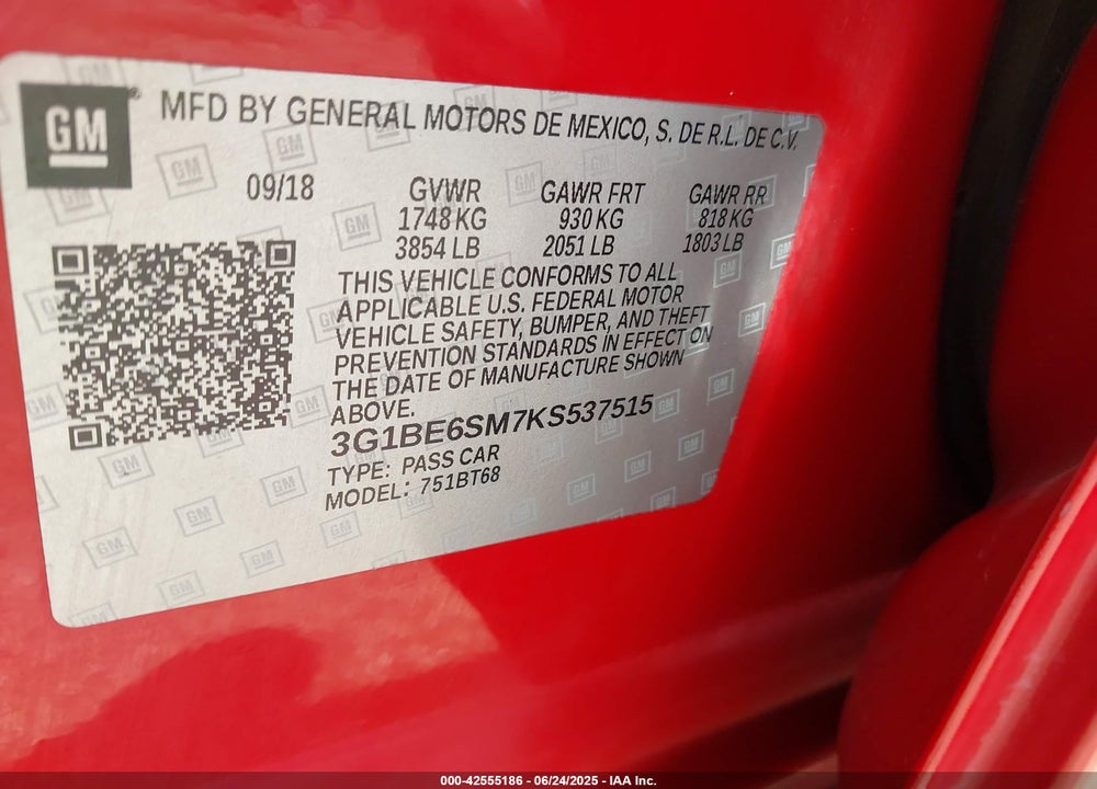 2019 CHEVROLET CRUZE VIN: 3G1BE6SM7KS537515