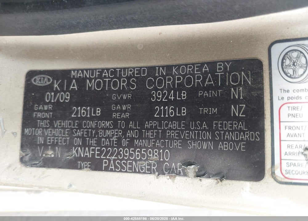 2009 KIA SPECTRA EX VIN: KNAFE222395659810