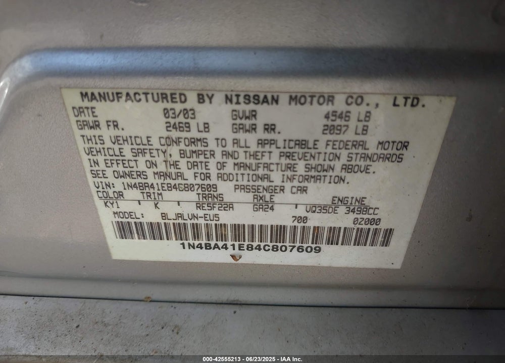 2004 NISSAN MAXIMA 3.5 SE VIN: 1N4BA41E84C807609