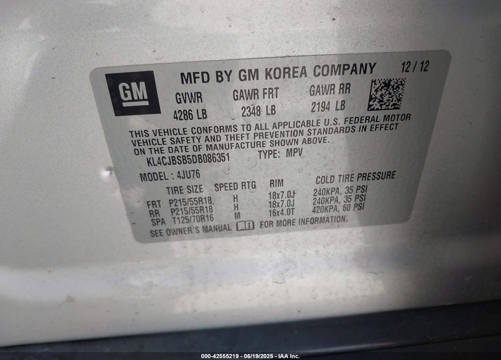 2013 BUICK ENCORE VIN: KL4CJBSB5DB086351