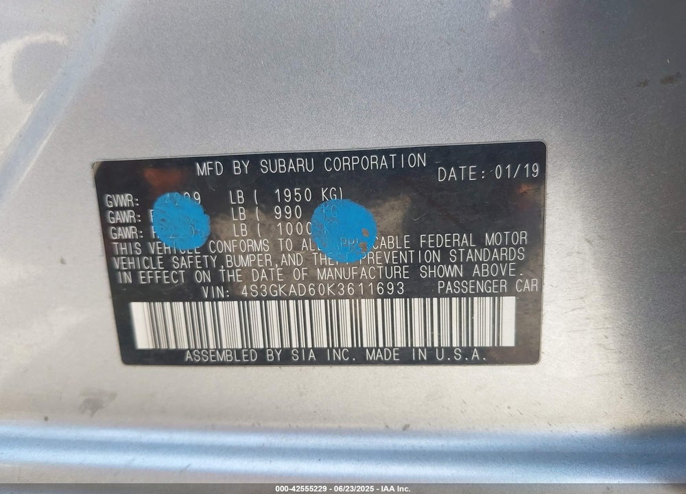 2019 SUBARU IMPREZA 2.0I PREMIUM VIN: 4S3GKAD60K3611693