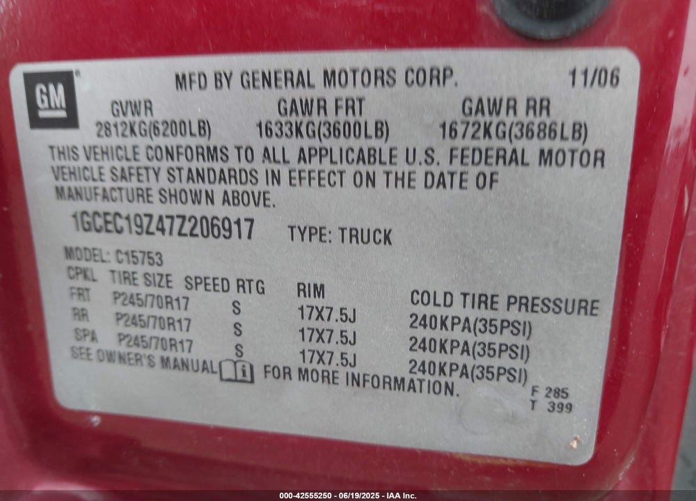 2007 CHEVROLET SILVERADO VIN: 1GCEC19Z47Z206917