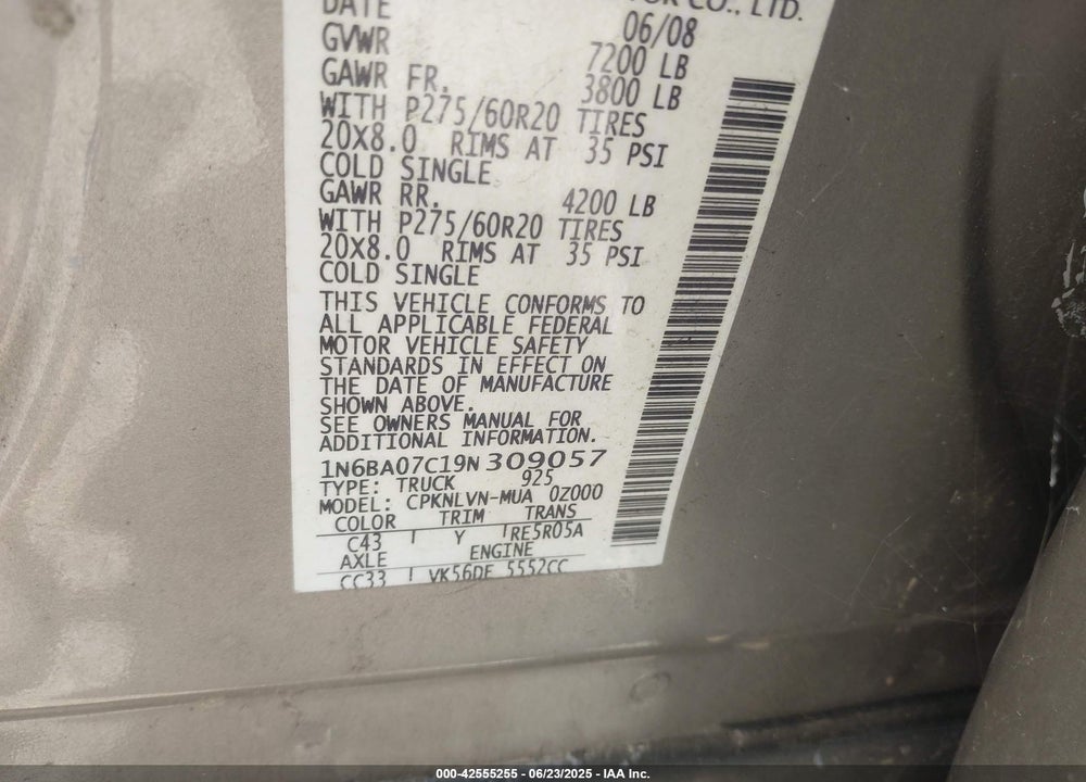 2009 NISSAN TITAN VIN: 1N6BA07C19N309057