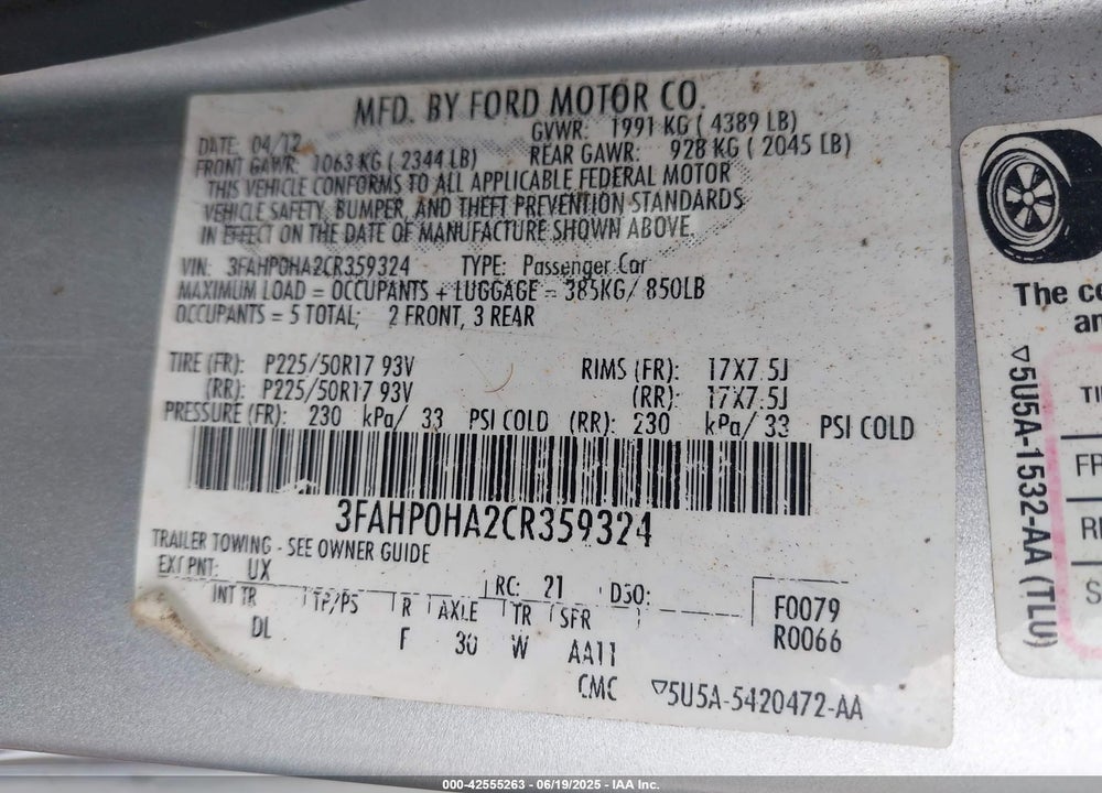 2012 FORD FUSION VIN: 3FAHP0HA2CR359324