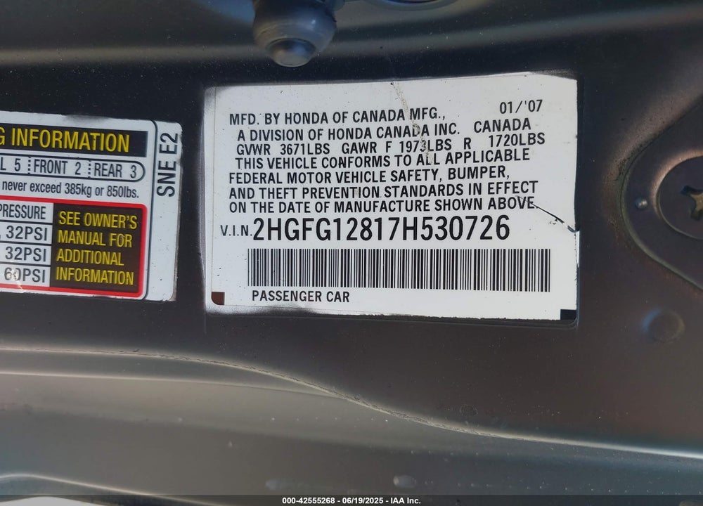2007 HONDA CIVIC VIN: 2HGFG12817H530726