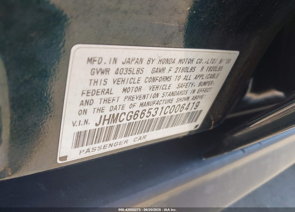 2001 HONDA ACCORD 2.3 LX VIN: JHMCG66531C006419