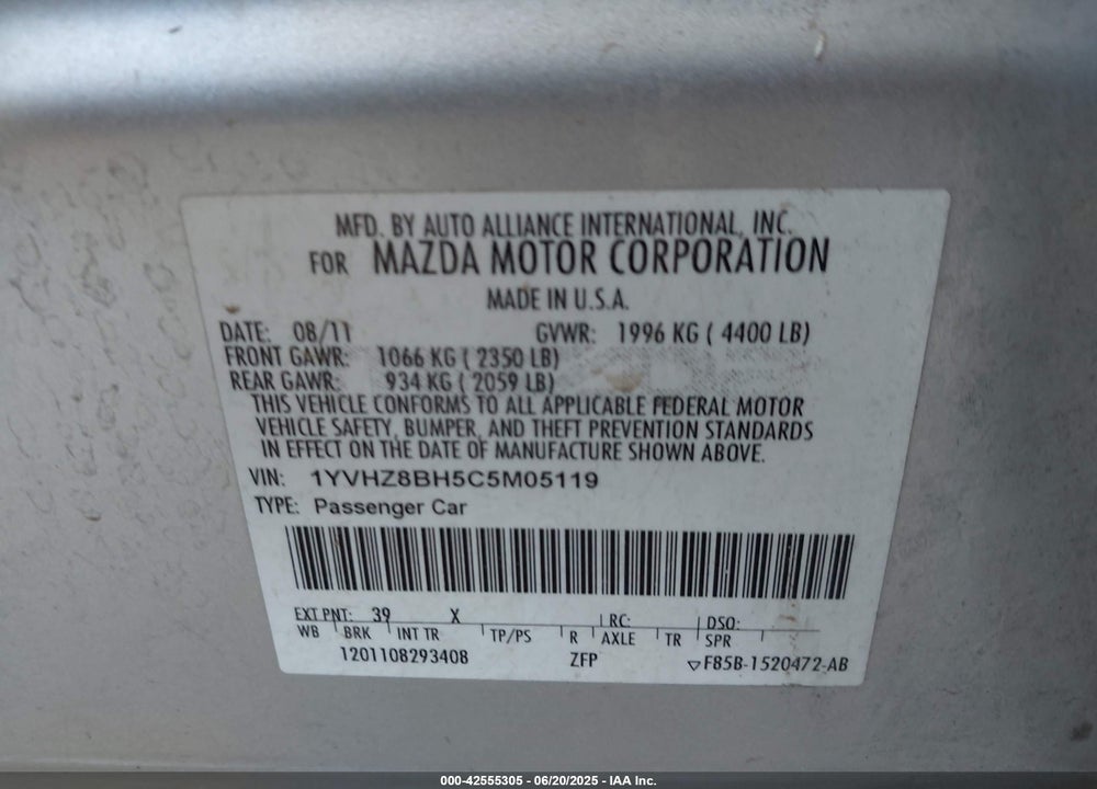 2012 MAZDA 6 VIN: 1YVHZ8BH5C5M05119