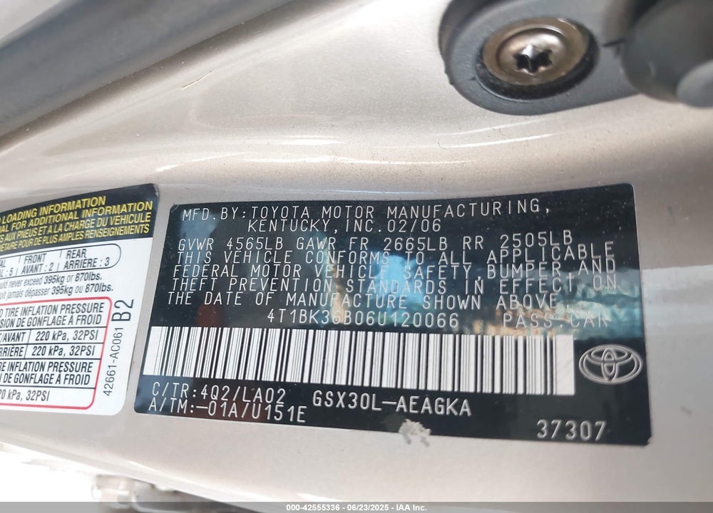 2006 TOYOTA AVALON VIN: 4T1BK36B06U120066