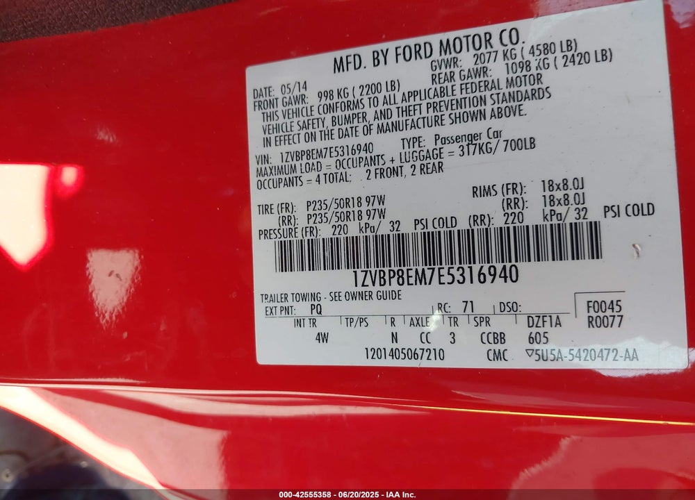 2014 FORD MUSTANG VIN: 1ZVBP8EM7E5316940