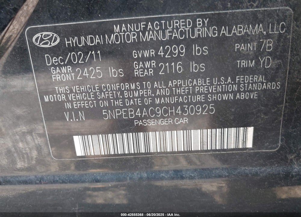 2012 HYUNDAI SONATA GLS VIN: 5NPEB4AC9CH430925