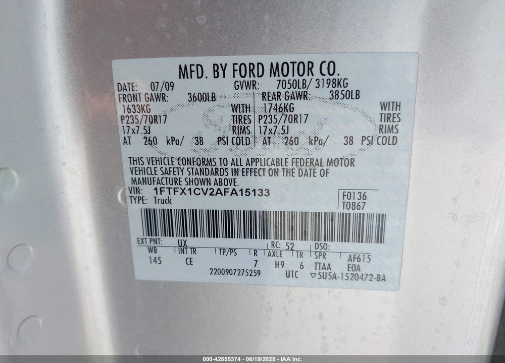 2010 FORD F-150 VIN: 1FTFX1CV2AFA15133