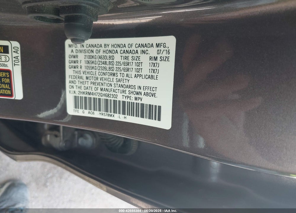 2016 HONDA CR-V VIN: 2HKRM4H72GH682302