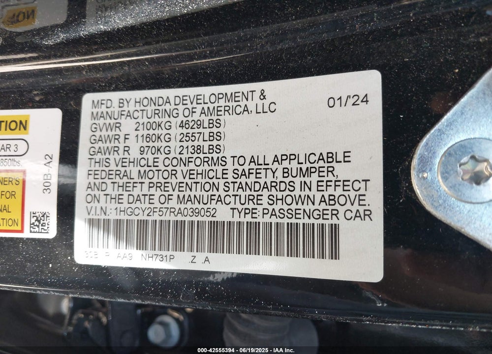 2024 HONDA ACCORD VIN: 1HGCY2F57RA039052