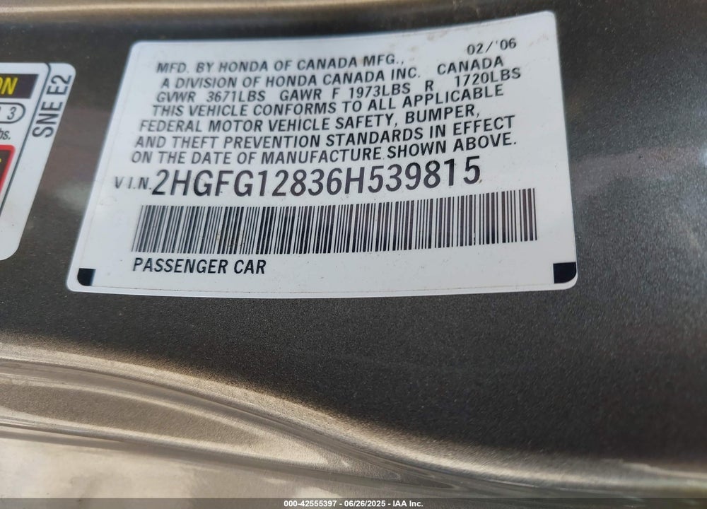 2006 HONDA CIVIC VIN: 2HGFG12836H539815