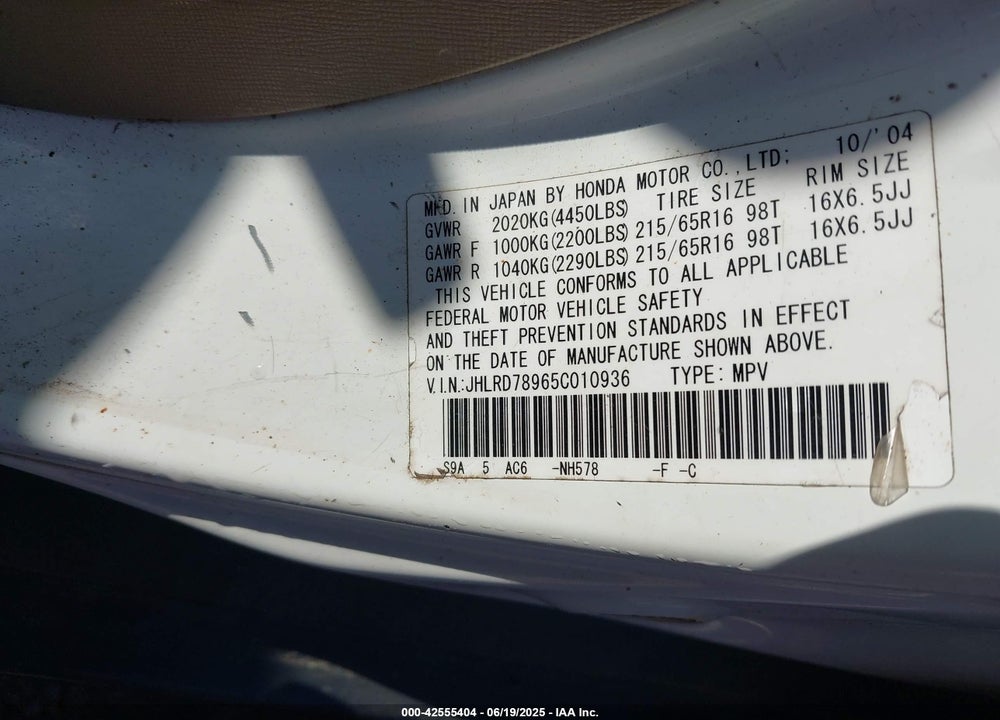 2005 HONDA CR-V VIN: JHLRD78965C010936